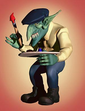 3D graphic of a goblin holding a paint brush